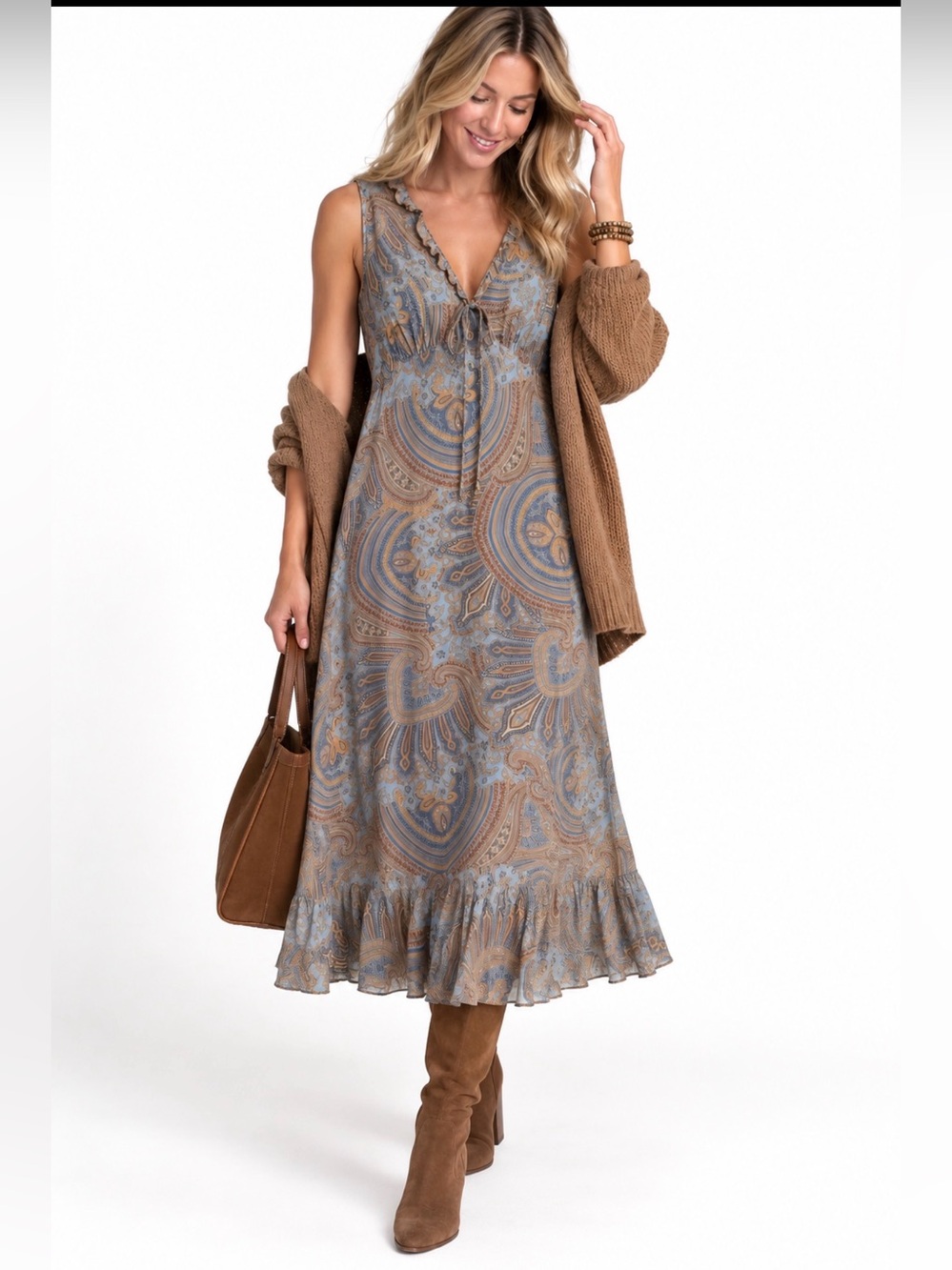 Karen Kane Light Blue and Beige Paisley Midi Dress 0X